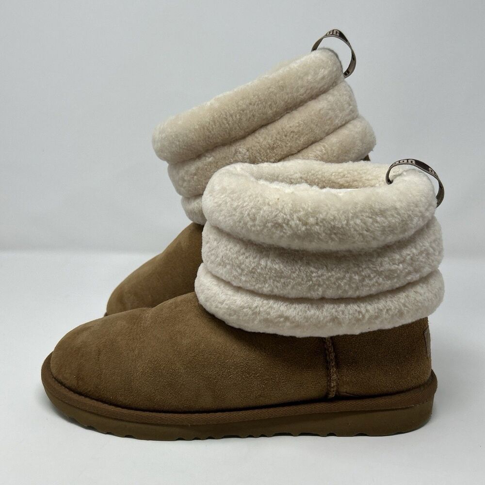 UGG Fluff Mini Quilted Chestnut Suede Sheepskin Boots Kids Size 6 1103612K